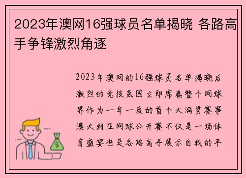 2023年澳网16强球员名单揭晓 各路高手争锋激烈角逐